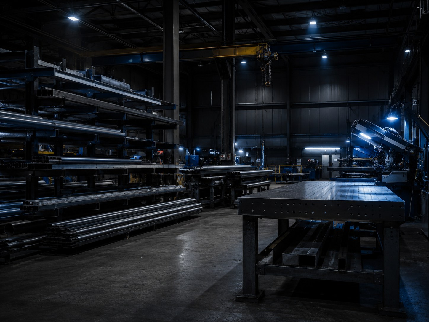 Steel fabrication shop with racked stock and a welding table