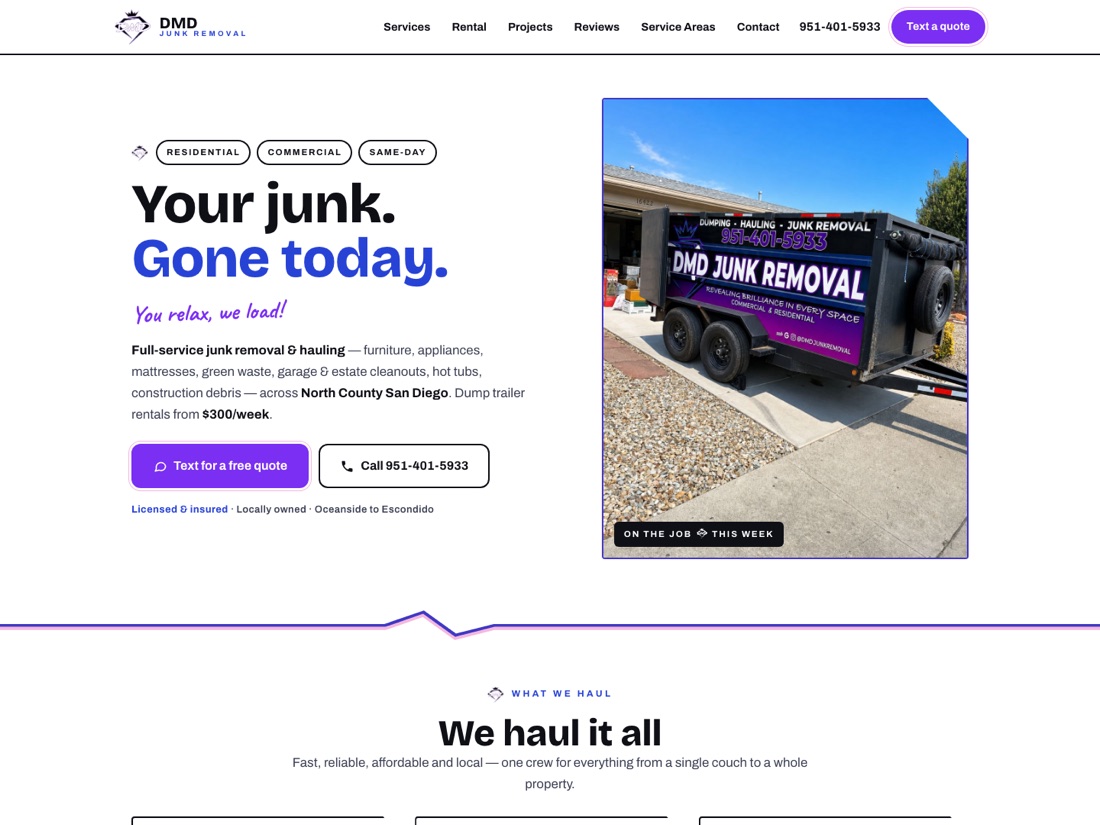 The DMD Junk Removal homepage as it appears on a desktop browser
