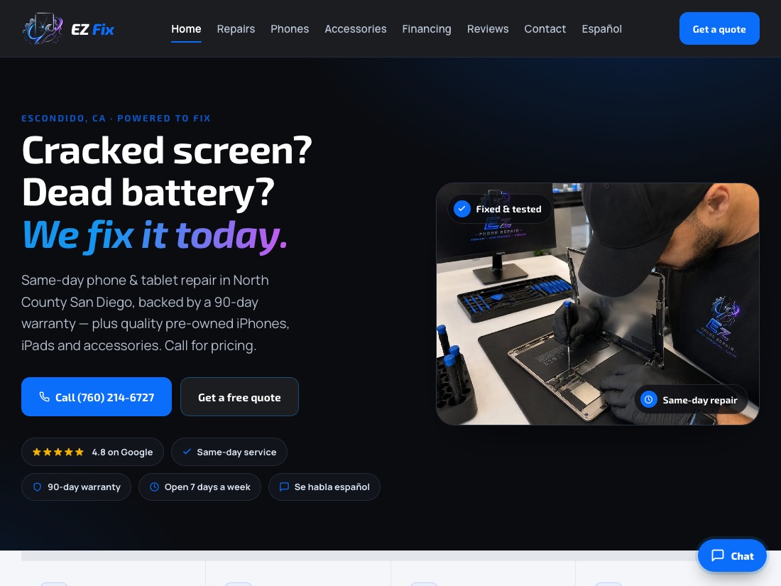 The EZ Fix homepage as it appears on a desktop browser
